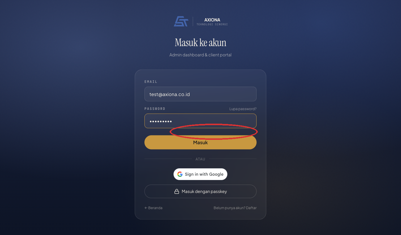 Halaman masuk (login) dengan email dan kata sandi terisi
