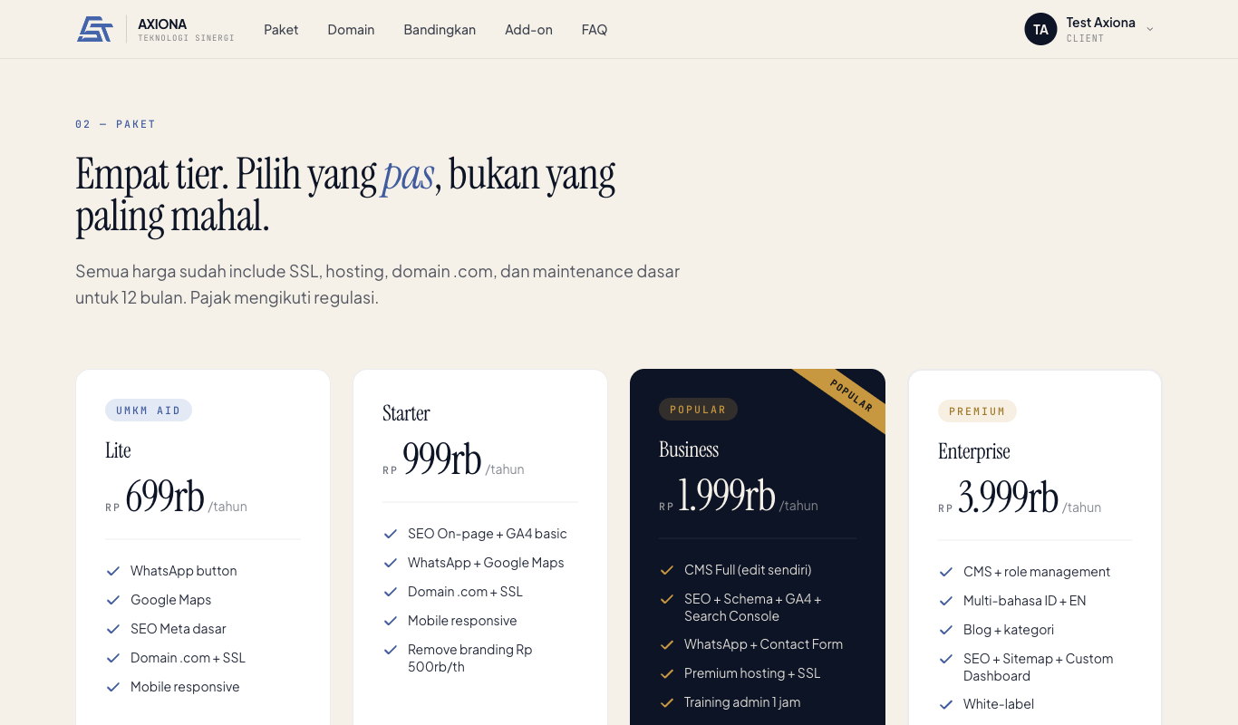 Daftar paket: Lite, Starter, Business, Enterprise dengan harga tahunan