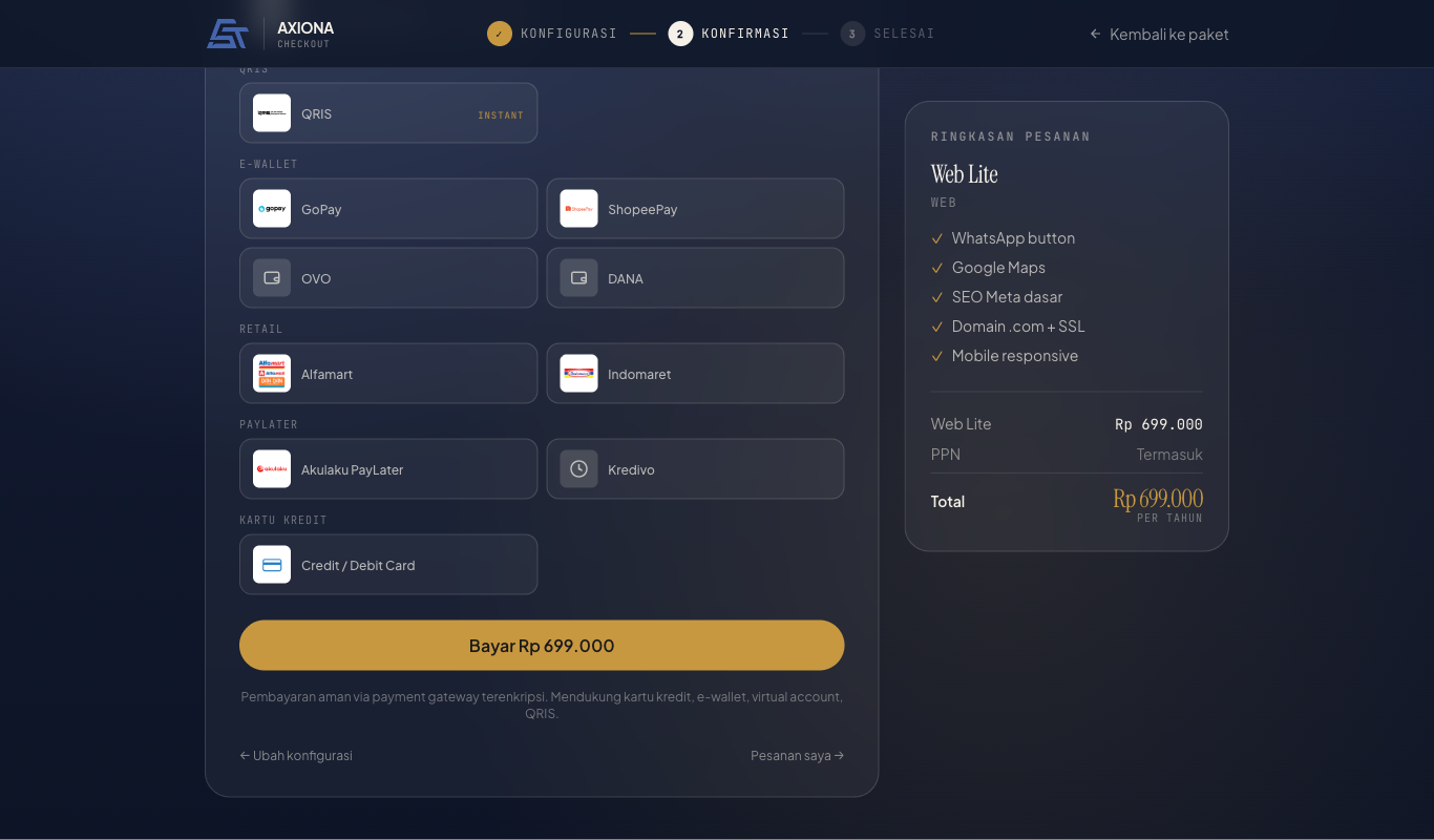 Halaman konfirmasi checkout dengan pilihan metode pembayaran dan ringkasan pesanan