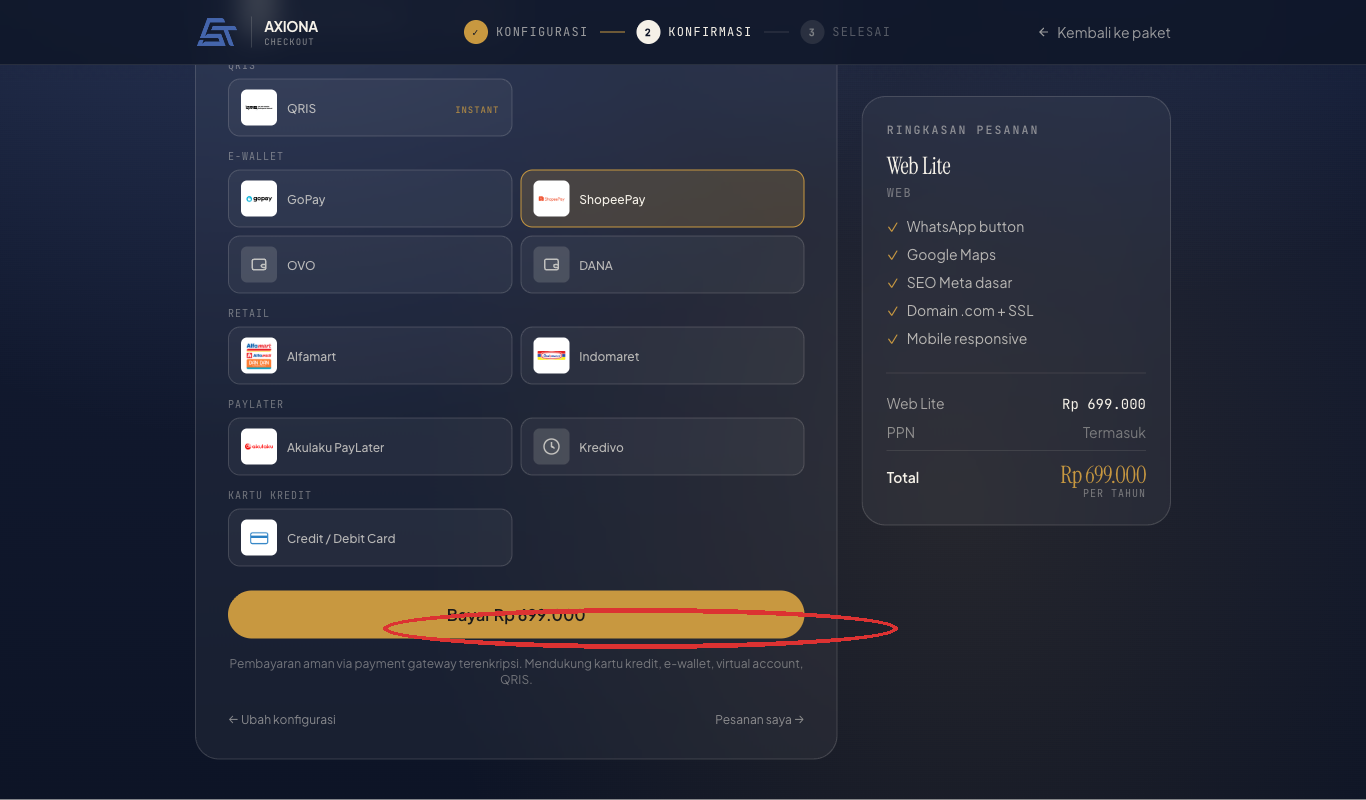 Tombol Bayar pada halaman konfirmasi checkout