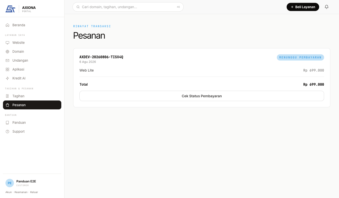Halaman Pesanan di portal menampilkan satu pesanan beserta statusnya